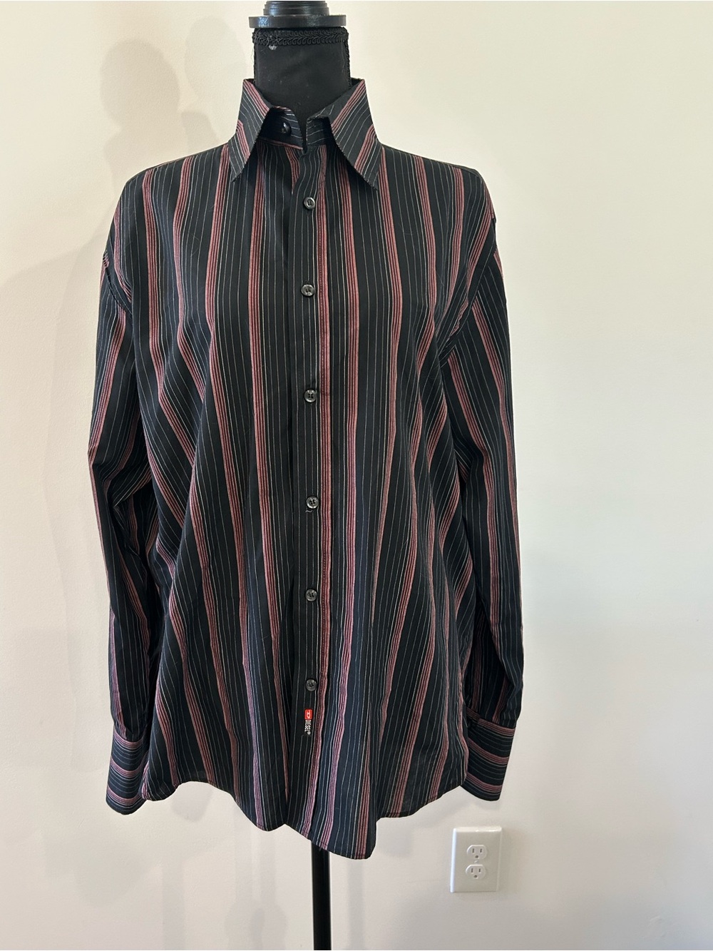 Vintage DIESEL Men’s Black Burgundy Striped Button Down Shirt LARGE Y2K cotton
